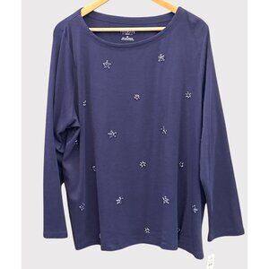 NWT Talbots Plus 3X Navy Snowflake Embellished Top Long Sleeve Winter Holiday